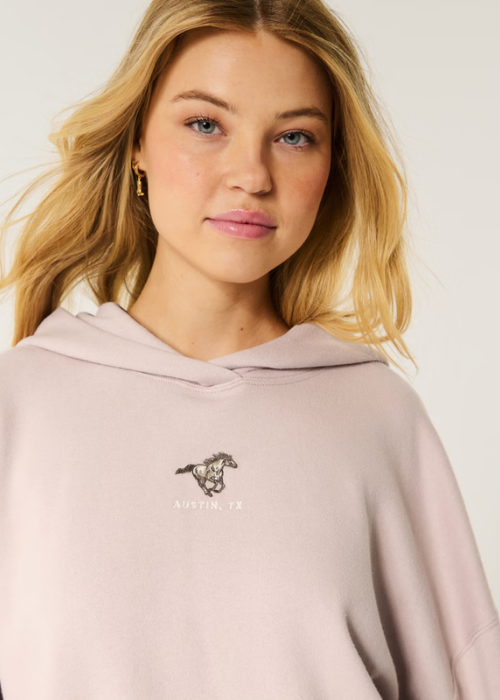 Long Sleeve Hoodie with Front Embroidery - Dusty Pink