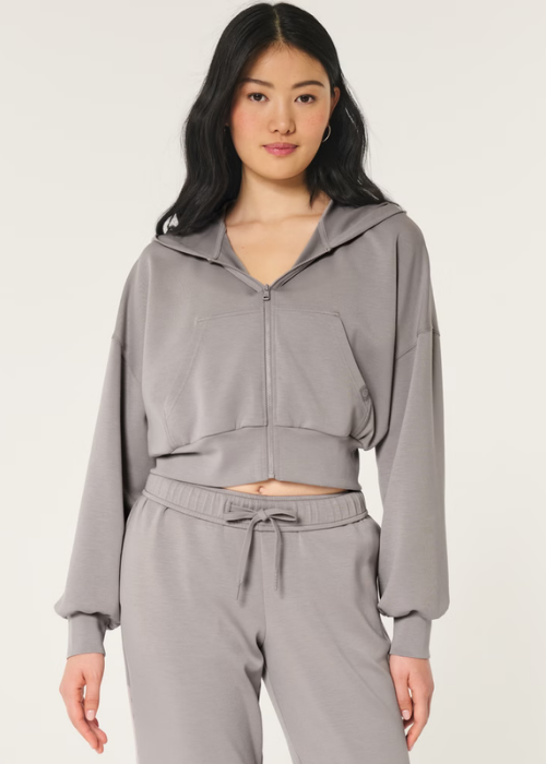 Women's Short Front Zip Hoodie - Light Brown