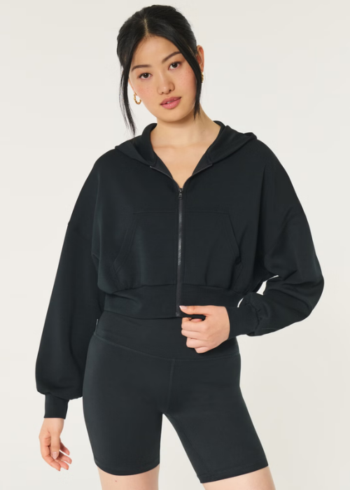 Women's Short Front Zip Hoodie - Black